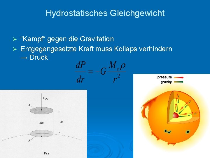 Hydrostatisches Gleichgewicht “Kampf“ gegen die Gravitation Ø Entgegengesetzte Kraft muss Kollaps verhindern → Druck