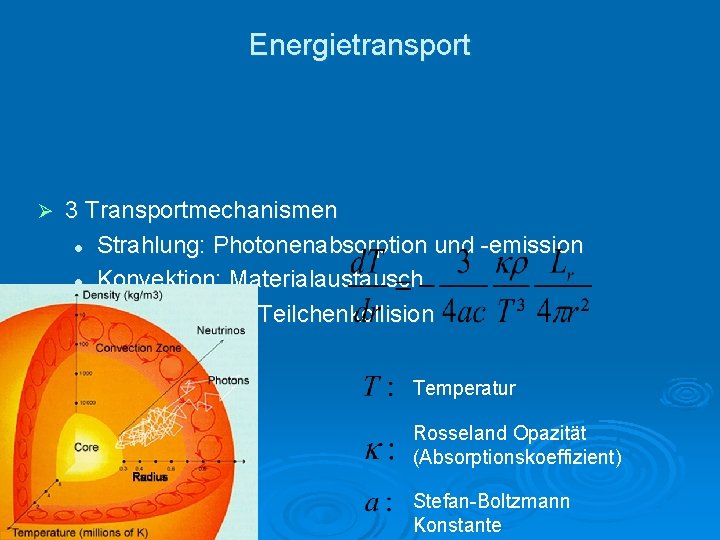 Energietransport Ø 3 Transportmechanismen l Strahlung: Photonenabsorption und -emission l Konvektion: Materialaustausch l Wärmeleitung: