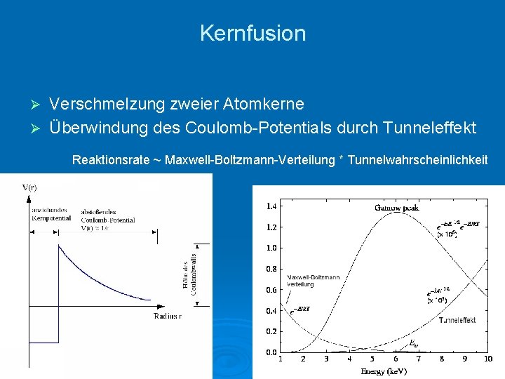 Kernfusion Verschmelzung zweier Atomkerne Ø Überwindung des Coulomb-Potentials durch Tunneleffekt Ø Reaktionsrate ~ Maxwell-Boltzmann-Verteilung