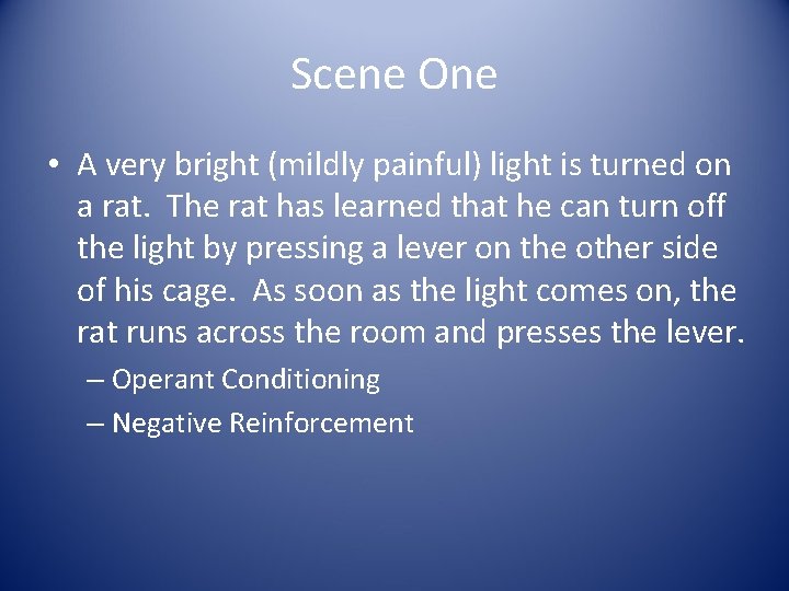 Scene One • A very bright (mildly painful) light is turned on a rat.