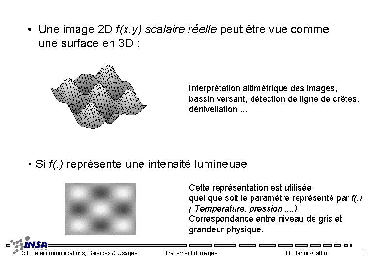  • Une image 2 D f(x, y) scalaire réelle peut être vue comme