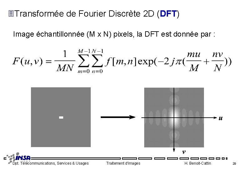 3 Transformée de Fourier Discrète 2 D (DFT) Image échantillonnée (M x N) pixels,