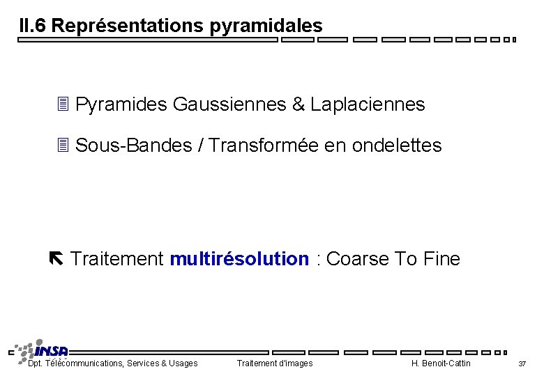 II. 6 Représentations pyramidales 3 Pyramides Gaussiennes & Laplaciennes 3 Sous Bandes / Transformée