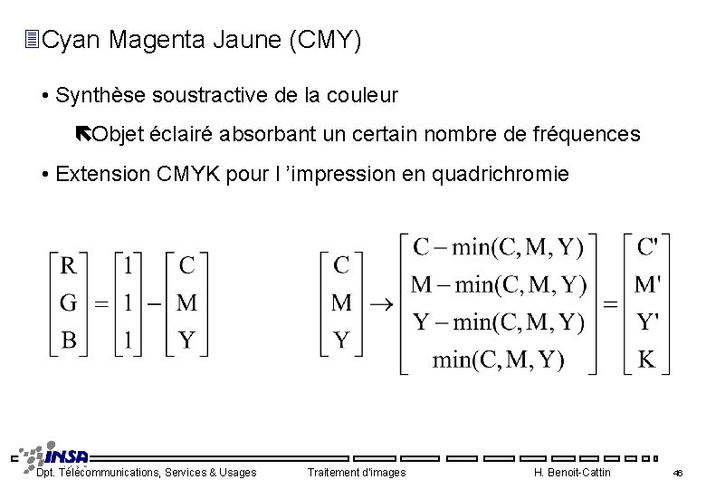 3 Cyan Magenta Jaune (CMY) • Synthèse soustractive de la couleur Objet éclairé absorbant