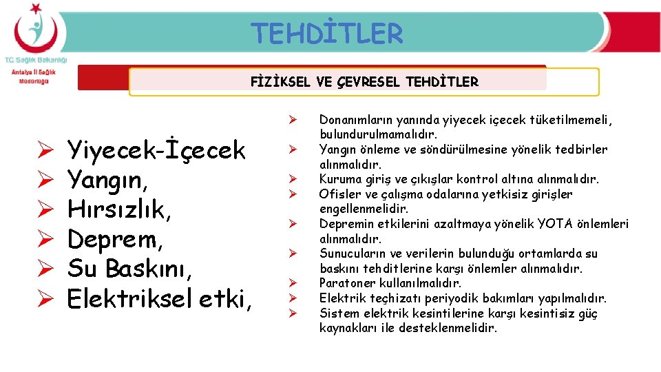 TEHDİTLER FİZİKSEL VE ÇEVRESEL TEHDİTLER Ø Ø Ø Ø Yiyecek-İçecek Yangın, Hırsızlık, Deprem, Su