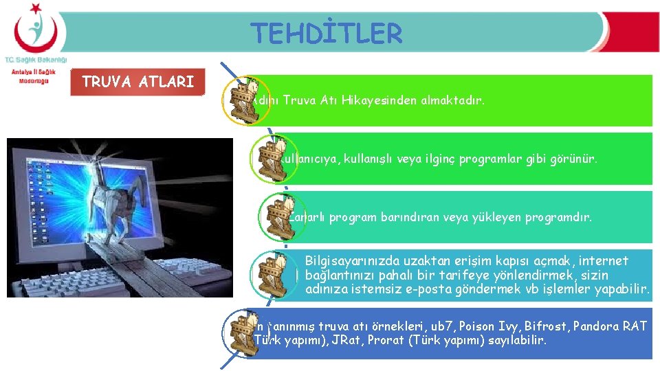 TEHDİTLER TRUVA ATLARI Adını Truva Atı Hikayesinden almaktadır. Kullanıcıya, kullanışlı veya ilginç programlar gibi