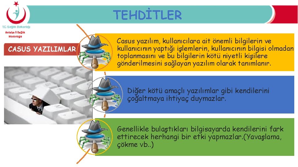 TEHDİTLER CASUS YAZILIMLAR Casus yazılım, kullanıcılara ait önemli bilgilerin ve kullanıcının yaptığı işlemlerin, kullanıcının