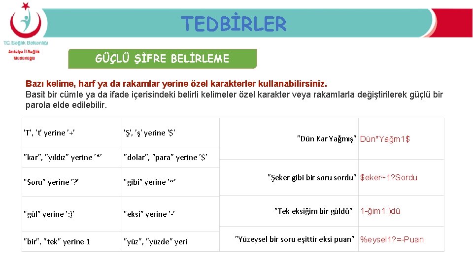 TEDBİRLER GÜÇLÜ ŞİFRE BELİRLEME Bazı kelime, harf ya da rakamlar yerine özel karakterler kullanabilirsiniz.