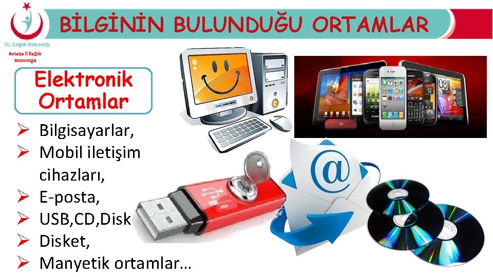 BİLGİNİN BULUNDUĞU ORTAMLAR Elektronik Ortamlar Ø Bilgisayarlar, Ø Mobil iletişim cihazları, Ø E-posta, Ø