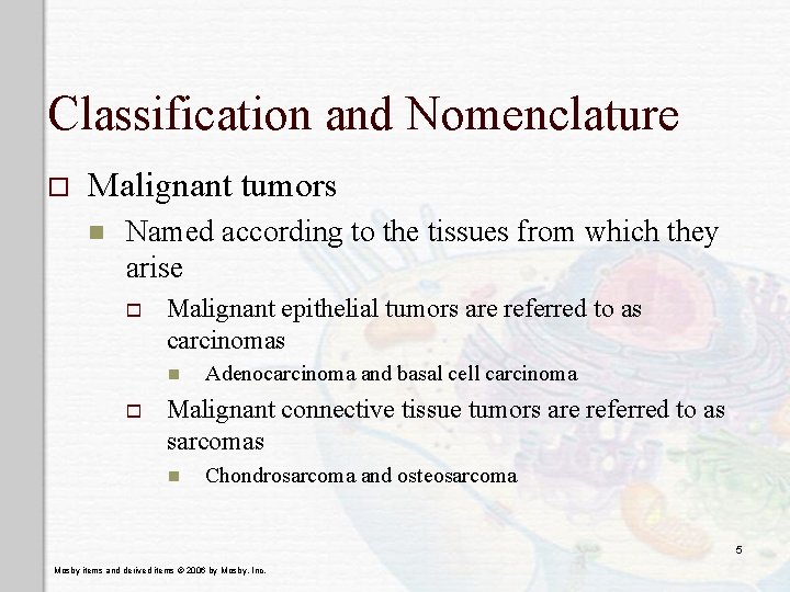 Classification and Nomenclature o Malignant tumors n Named according to the tissues from which