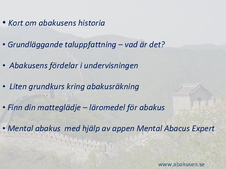  • Kort om abakusens historia • Grundläggande taluppfattning – vad är det? •