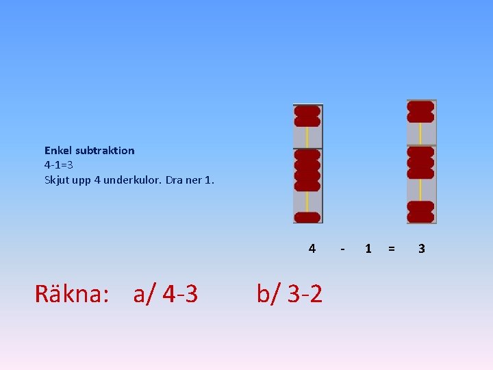 Enkel subtraktion 4 -1=3 Skjut upp 4 underkulor. Dra ner 1. 4 Räkna: a/