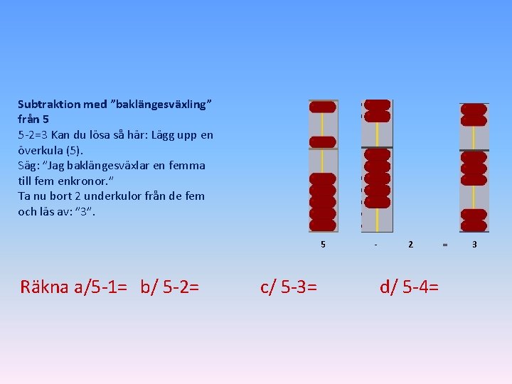 Subtraktion med ”baklängesväxling” från 5 5 -2=3 Kan du lösa så här: Lägg upp