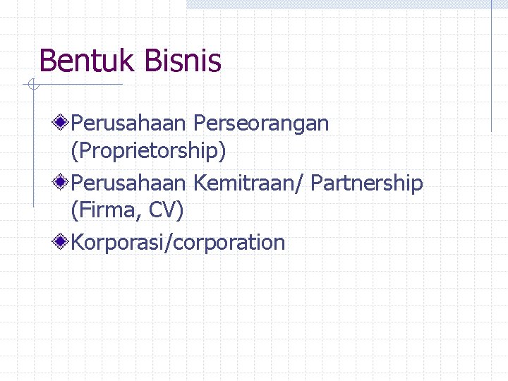 Bentuk Bisnis Perusahaan Perseorangan (Proprietorship) Perusahaan Kemitraan/ Partnership (Firma, CV) Korporasi/corporation 
