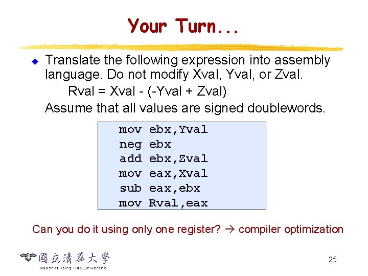 Your Turn. . . u Translate the following expression into assembly language. Do not Your Turn. . . u Translate the following expression into assembly language. Do not