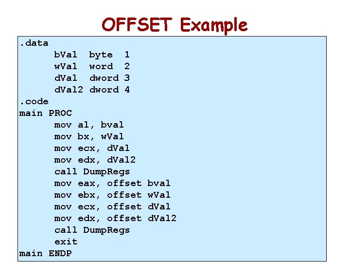 OFFSET Example. data b. Val w. Val d. Val 2 byte word dword 1 OFFSET Example. data b. Val w. Val d. Val 2 byte word dword 1