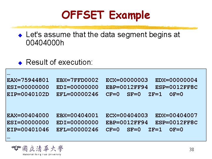 OFFSET Example u u Let's assume that the data segment begins at 00404000 h OFFSET Example u u Let's assume that the data segment begins at 00404000 h