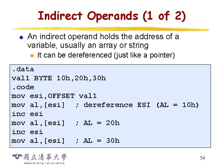 Indirect Operands (1 of 2) u An indirect operand holds the address of a Indirect Operands (1 of 2) u An indirect operand holds the address of a