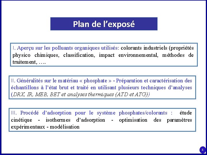 Plan de l’exposé I. Aperçu sur les polluants organiques utilisés: colorants industriels (propriétés physico