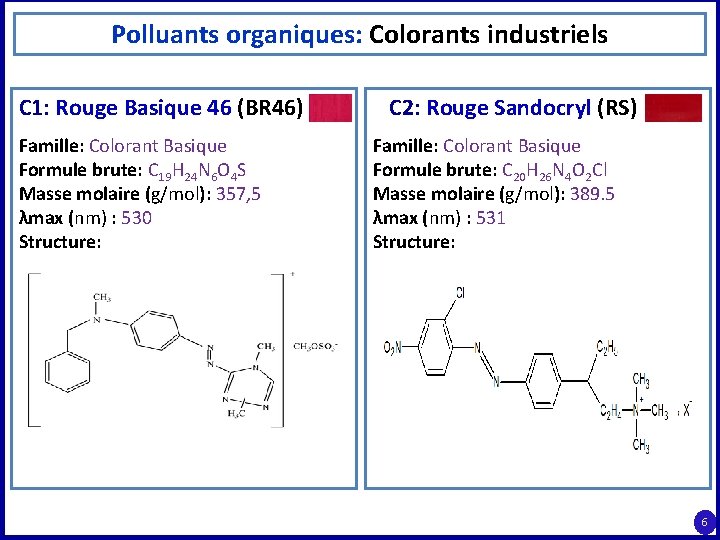 Polluants organiques: Colorants industriels C 1: Rouge Basique 46 (BR 46) Famille: Colorant Basique