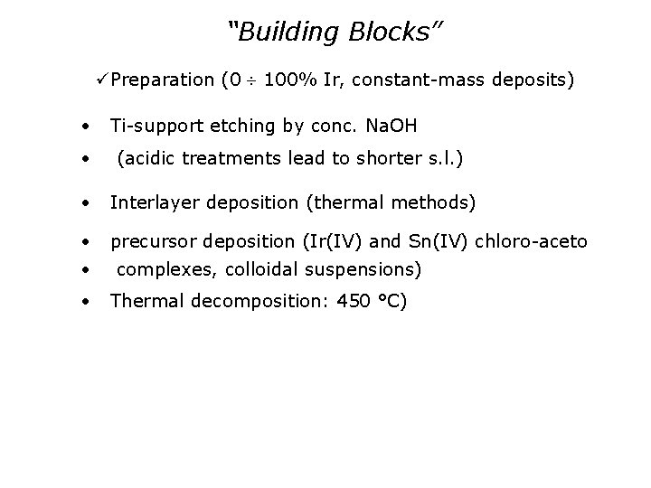 “Building Blocks” üPreparation (0 100% Ir, constant-mass deposits) • Ti-support etching by conc. Na.