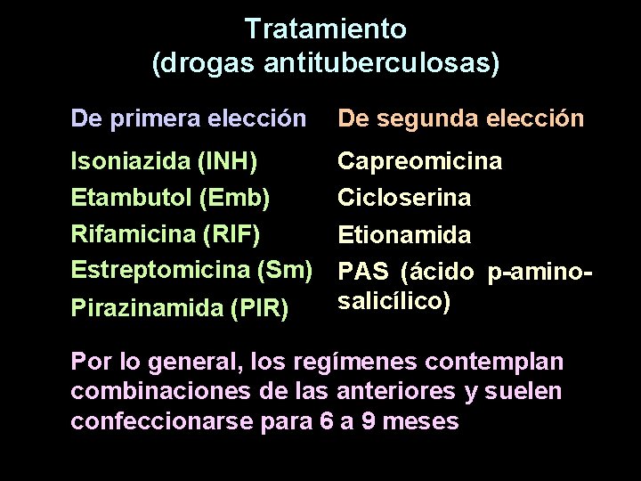 Tratamiento (drogas antituberculosas) De primera elección De segunda elección Isoniazida (INH) Etambutol (Emb) Rifamicina