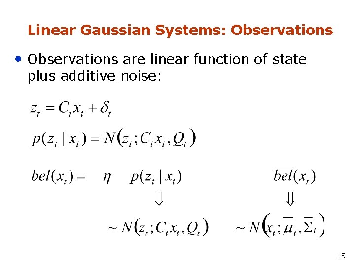 Linear Gaussian Systems: Observations • Observations are linear function of state plus additive noise: