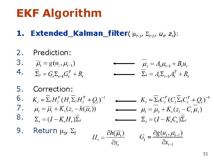 EKF Algorithm 1. Extended_Kalman_filter( mt-1, St-1, ut, zt): 2. 3. 4. Prediction: 5. 6.