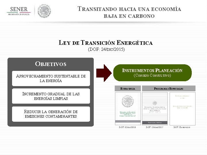 TRANSITANDO HACIA UNA ECONOMÍA BAJA EN CARBONO LEY DE TRANSICIÓN ENERGÉTICA (DOF: 24/DIC/2015) OBJETIVOS