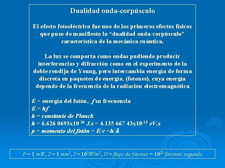 Dualidad onda-corpúsculo El efecto fotoeléctrico fue uno de los primeros efectos físicos que puso