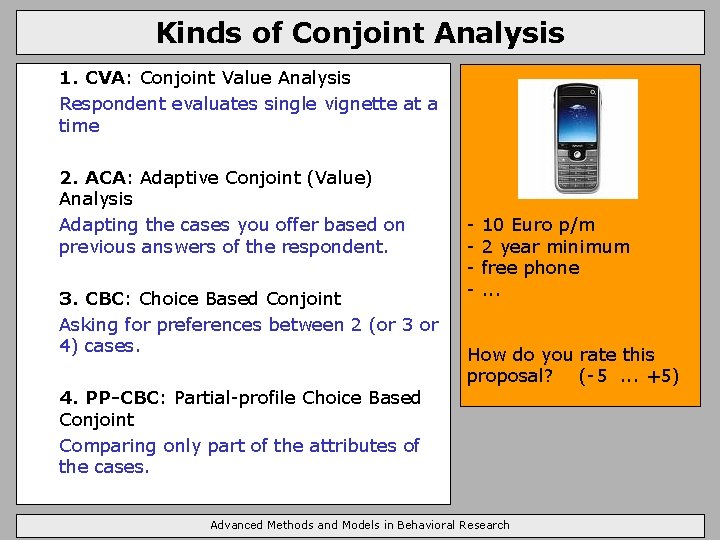 Kinds of Conjoint Analysis 1. CVA: Conjoint Value Analysis Respondent evaluates single vignette at