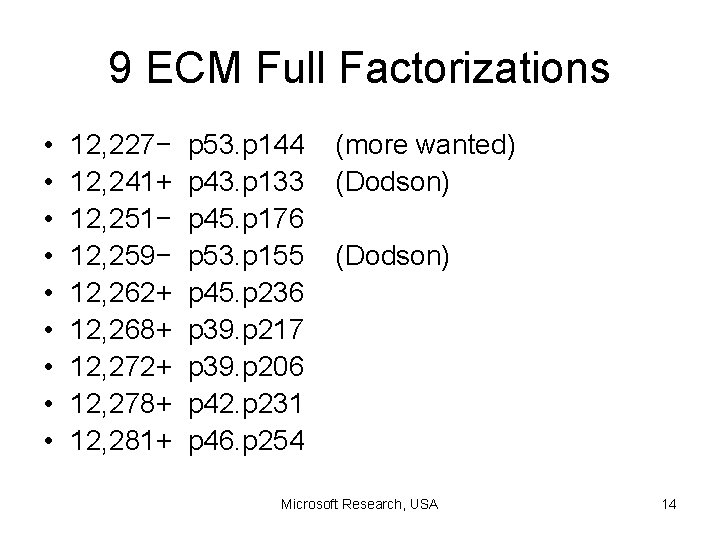 9 ECM Full Factorizations • • • 12, 227− 12, 241+ 12, 251− 12,