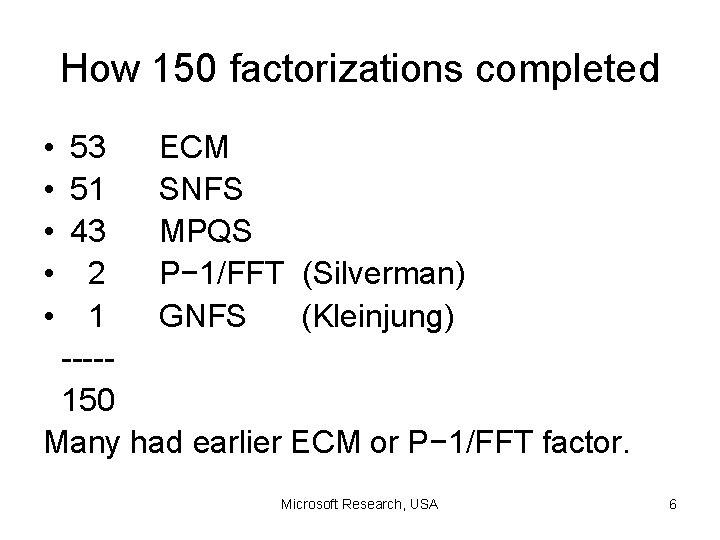 How 150 factorizations completed • 53 ECM • 51 SNFS • 43 MPQS •