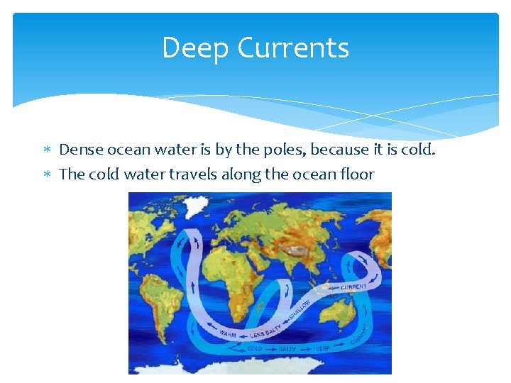 Deep Currents Dense ocean water is by the poles, because it is cold. The
