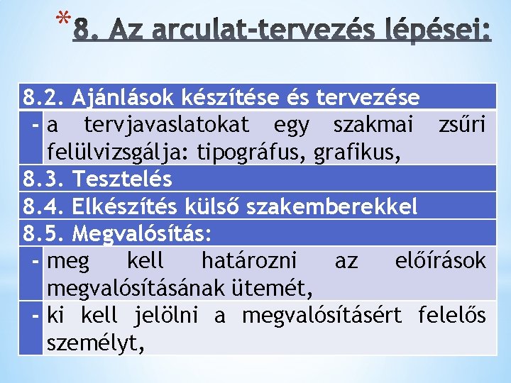 * 8. 2. Ajánlások készítése és tervezése - a tervjavaslatokat egy szakmai zsűri felülvizsgálja: