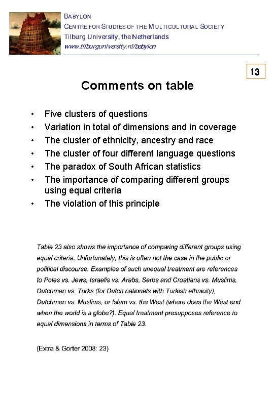 13 Comments on table • • Five clusters of questions Variation in total of