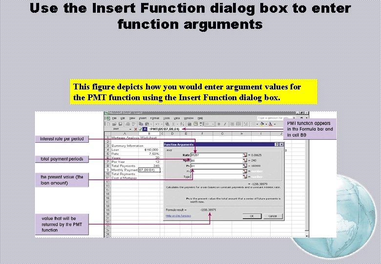 Use the Insert Function dialog box to enter function arguments This figure depicts how