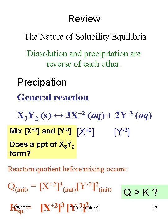 Review The Nature of Solubility Equilibria Dissolution and precipitation are reverse of each other.