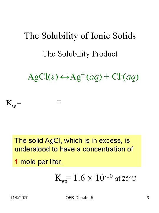 The Solubility of Ionic Solids The Solubility Product Ag. Cl(s) ↔Ag+ (aq) + Cl-(aq)