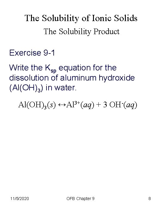 The Solubility of Ionic Solids The Solubility Product Exercise 9 -1 Write the Ksp