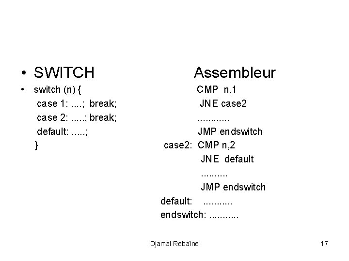  • SWITCH Assembleur • switch (n) { CMP n, 1 case 1: .