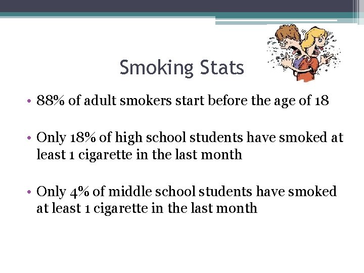 Smoking Stats • 88% of adult smokers start before the age of 18 •