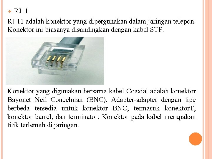 RJ 11 adalah konektor yang dipergunakan dalam jaringan telepon. Konektor ini biasanya disandingkan dengan