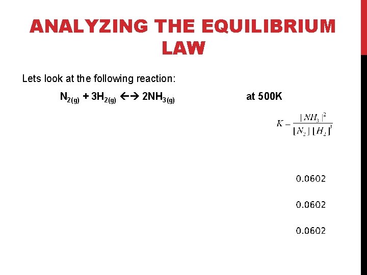 ANALYZING THE EQUILIBRIUM LAW Lets look at the following reaction: N 2(g) + 3