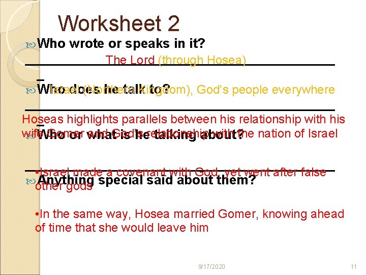 Worksheet 2 Who wrote or speaks in it? _____________________ The Lord (through Hosea) _