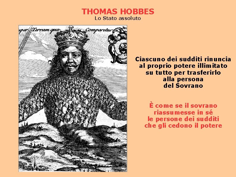 THOMAS HOBBES Lo Stato assoluto Ciascuno dei sudditi rinuncia al proprio potere illimitato su