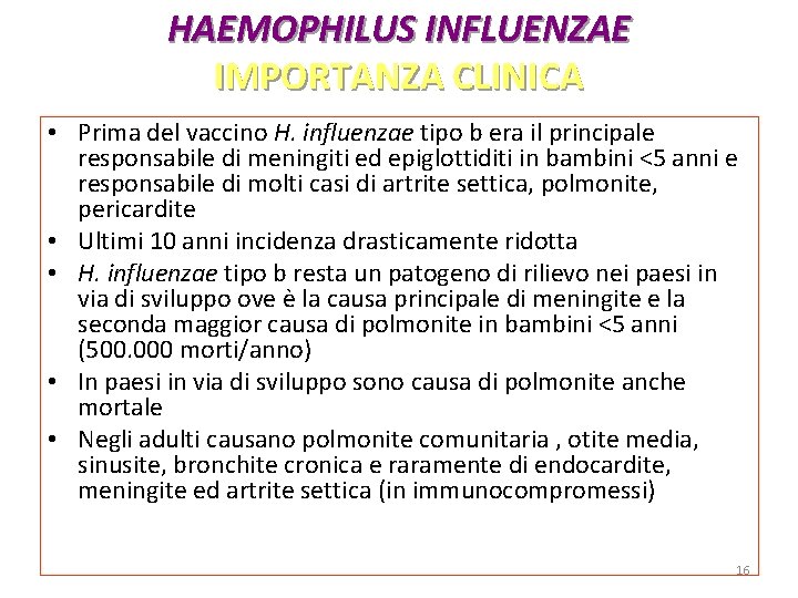 HAEMOPHILUS INFLUENZAE IMPORTANZA CLINICA • Prima del vaccino H. influenzae tipo b era il