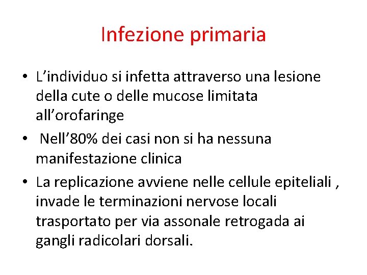 Infezione primaria • L’individuo si infetta attraverso una lesione della cute o delle mucose