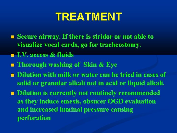 TREATMENT Secure airway. If there is stridor or not able to visualize vocal cards,