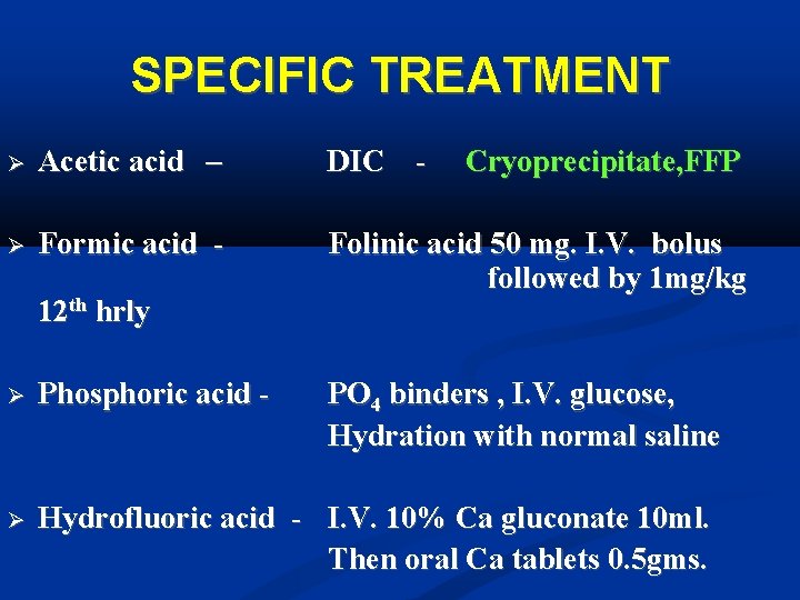 SPECIFIC TREATMENT Acetic acid – DIC - Cryoprecipitate, FFP Formic acid - 12 th